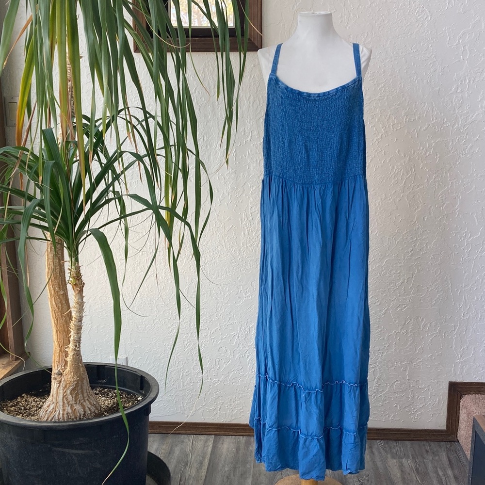 Chambray Denim Maxi Sun Dress Jumper Smocked Layering Boho Relaxed Plus